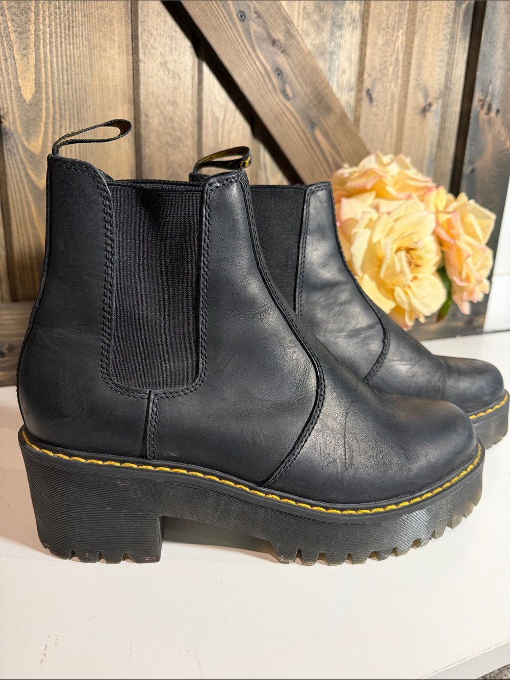 Dr. Martens Black Leather Platform Rometty Booties with Yellow Stitching